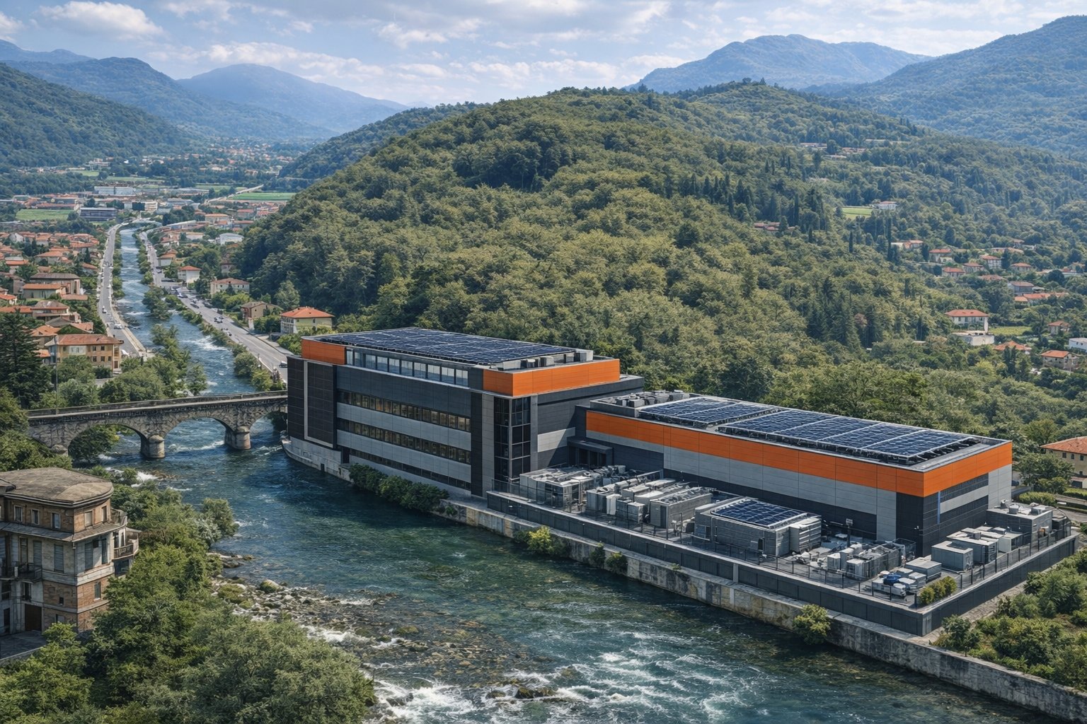 Rendering del possibile Data Center Stehli lungo il Fiume Tresa
